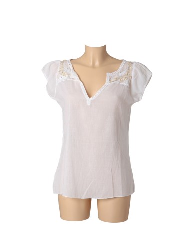 Top coton 90 blanc washed, brodé or, mancherons M/L/XL