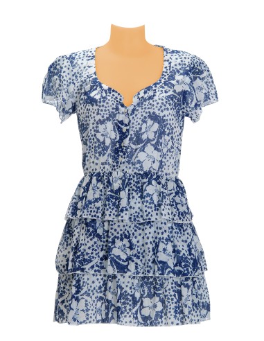 Robe courte coton Flora Bleu, 4 bout. nacre, manch courte, 3 volants (M-L-XL)