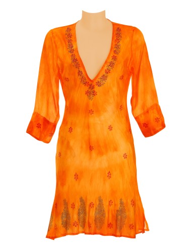 Robe soie Orange, col V, manches 3/4, motifs col et bas  MLXL