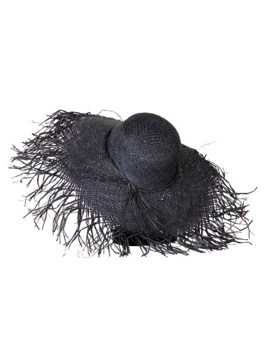 Chapeau raphia large bord frangé noir