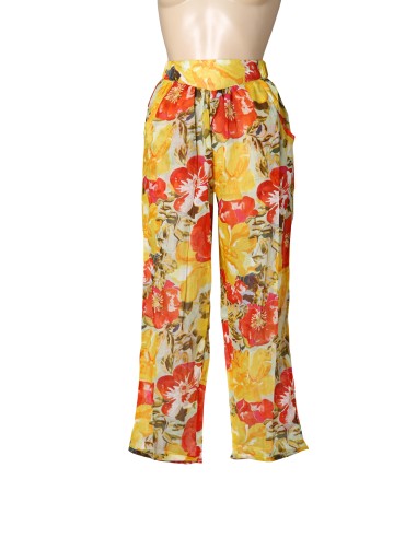 Pantalon coton Fleurs jaunes/rouges, ceinture élastique, 2 poches (M-L-XL)