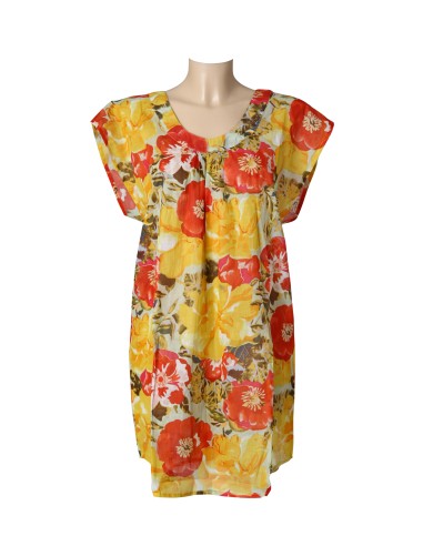 Robe  coton fleurs jaunes/rouges, col rond, doublée  (M-L-XL)