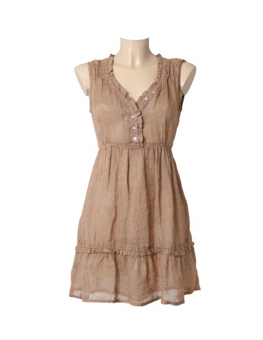 Robe voile lin Taupe, col coeur bordé froufrou et boutons, M L XL