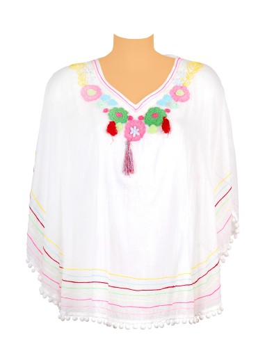 Poncho court Blanc, broderie col, pompons base, coton TU