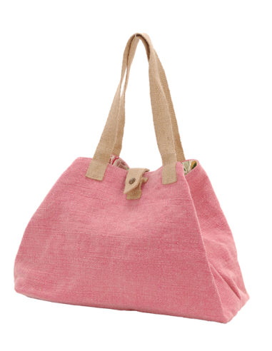 Sac jute trapeze "Sweet Jute" rose,doublé fleurs, anse jute