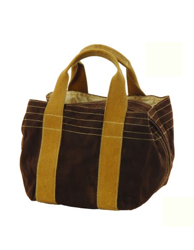 Sac coton enduit, brun, grand zip central, 2 poches pression , anses sangle