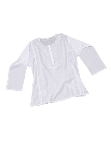 Kurta Blanc, col boutonné, manches long., finition brodée (col, manches, bas)