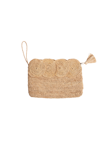 Pochette crochet naturel, déco ronds, dragonne, zip, doublée (25x18cm)