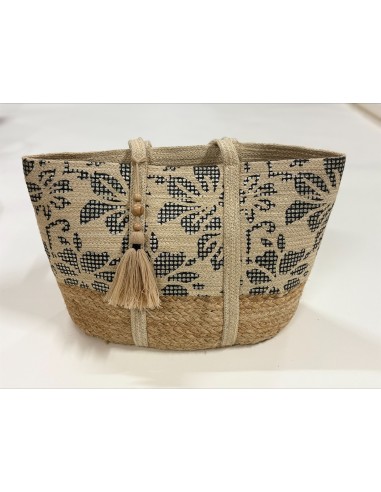 Panier haut jute,motif floral, anses, pompons, 50x30