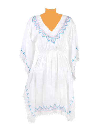 Kaftan Blanc, col, bords et bandes brodées Fuschia/Turquoise, taille froncée, TU