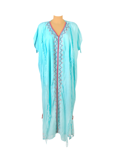 Kaftan long vert d'eau, empiècement frangé et brodé devant, 2 poches, liens épau