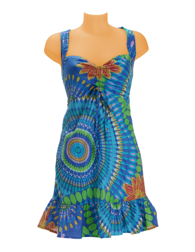 Robe courte coton Bleu Multi, dos nageur, dos élastiqué, bas volanté (S M L)