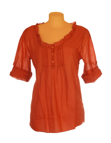 Tunique courte coton Orange, col rond froufrou, 3 boutons manches 3/4 (S M L)