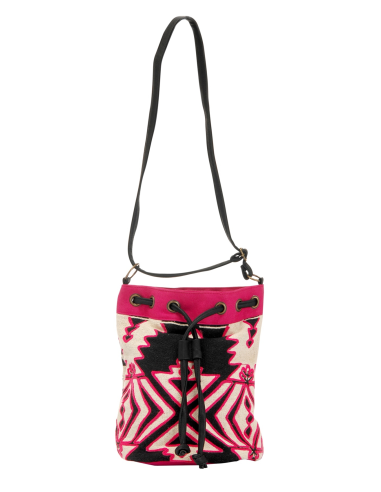 Petit sac seau Fuschia/Noir, motifs géomét., 1 anse,fermeture lien coulissant