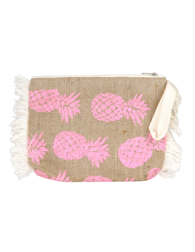 Pochette jute ananas fuschia bords frangés, zip, doublé