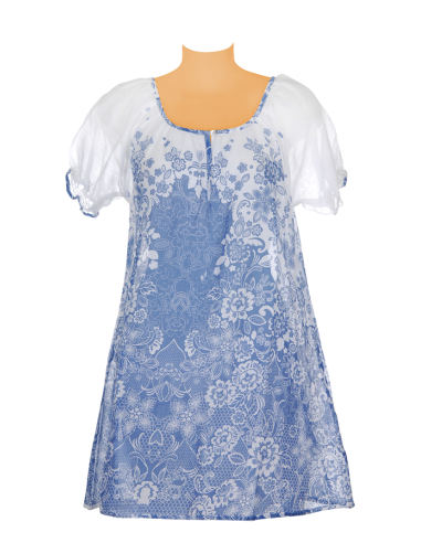 Robe coton dentelle Bleu/Blanc, 1 bouton, manches ballons, S M L XL