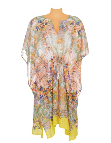 Kaftan coton Pastel base Citron, bords rayés col djellaba, lien coulissant SMLXL