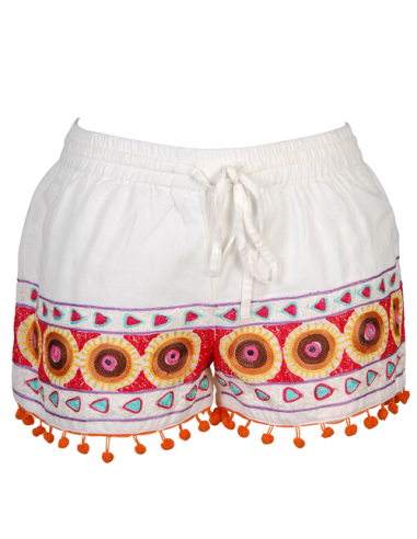 Short Ecru broderie et perles Multicolores sur le bas, pompons oranges, SMLXL