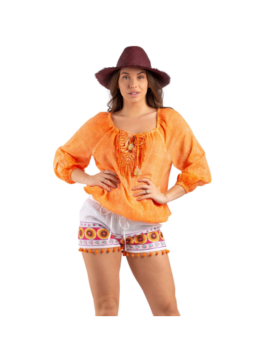 Short Blanc broderie et perles Multicolores sur le bas, pompons oranges, SMLXL