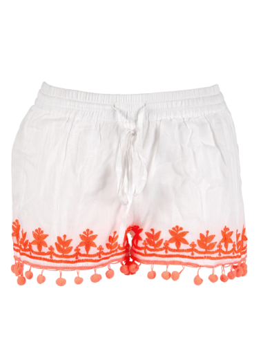 Short Blanc broderie et pompons Orange Fluo sur le bas SMLXL