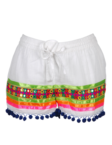 Short Blanc ruban et pompons Bleus, déco rubans multicolores sur le bas SMLXL