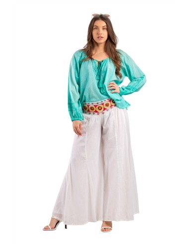 Pantalon "PATDEF" Blanc, broderies et perles multi, dos froncé coton (SMLXL)