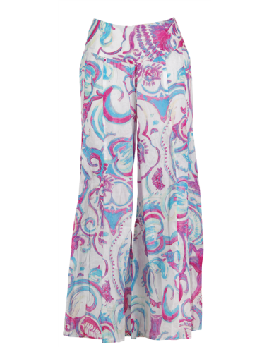 Pantalon "PATDEF" Arabesque Turquoise/Fuschia, dos froncé coton (SMLXL)