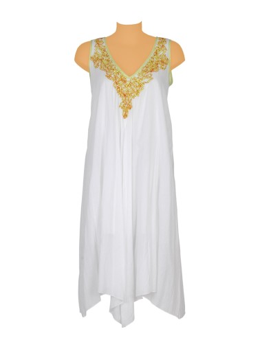 Robe LUMI blanche, col V, broderies anis, doublée, découpes pointes, coton SMLXL