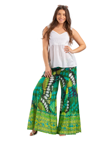 Pantalon coton patte d'éph, Vert émeraude imprimé Plumes, dos smocké  (S-M-L-XL)