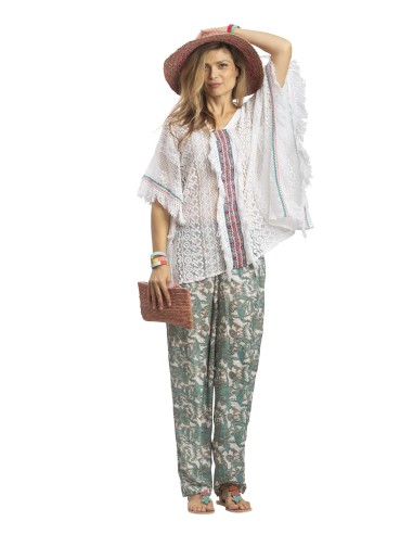 Kaftan Blanc ajouré, déco multicolore et franges devant et côtés, coton, TU