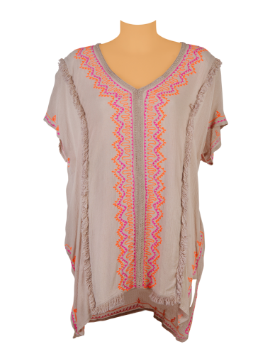 Kaftan court Sable brodé Orange/Fuschia, 2 bandes frangées, viscose, TU