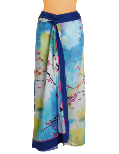 Pantalon-kimono coton "Fleurs de cerisier" Ciel, dos smocké,noeud devt M/L/XL