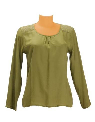 Tunique courte viscose Olive, col rond,dentelle aux épaules, dos décolleté MLXL