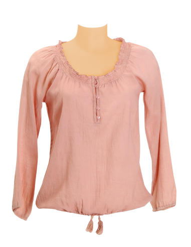 Top coton Rose foncé, manches longue, col smocké, lien taille, M L XL