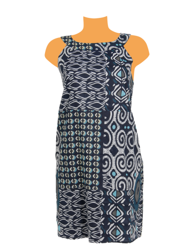 Robe Bleue imp motifs clairs,col rond fermé 2 boutons,doublée,ss mch,coton,SMLXL