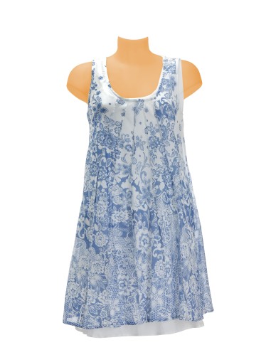 Robe coton imprimé dentelle Bleu/blanc col rond, plis soleil, doubl blc SMLXL