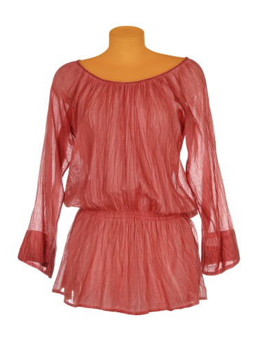 Tunique coton Corail washed, col rond plissé, manches long,taille froncée M/L/XL