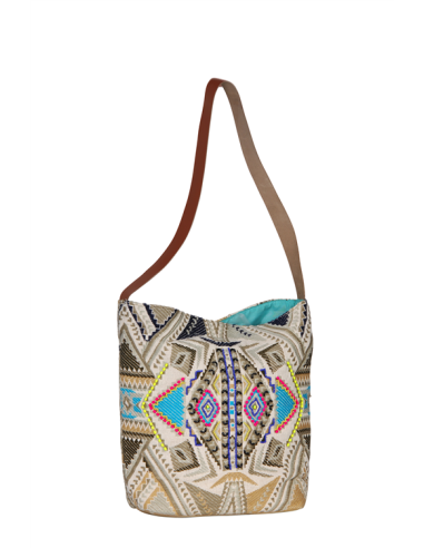 Sac haut coton tissé Beige, motifs taupe, déco perles Turquoise, 1 anse, snap