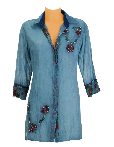 Tunique coton Bleue,tte boutonnée,manches 3/4,col chemise fleurs brodées  M/L/XL