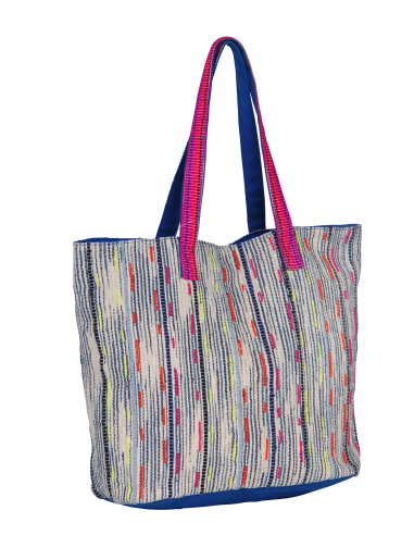 Grand sac coton tissé fines rayures Bleu/Multi, 2 anses, zip