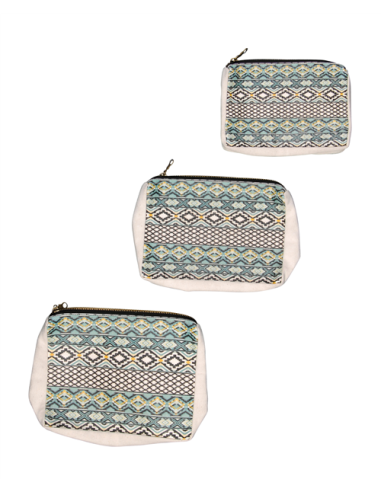 Set de 3 pochettes plastifiées Bleu/Vert d'eau, motifs géométriques, 1 zip (SML)