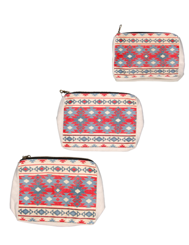 Set de 3 pochettes plastifiées Bleu/Rouge/Blanc, motifs géométriques, 1 zip(SML)