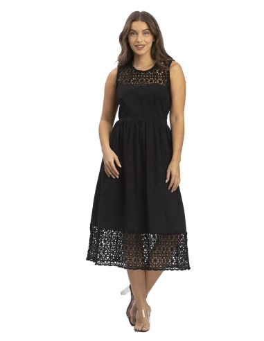 Robe mi-longue noire, col et bas dentelle, doublée,popeline SMLXL