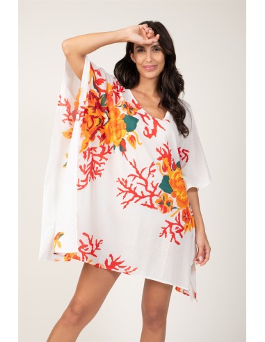 Kaftan "Corail Fleuri Blanc"col V,coton TU