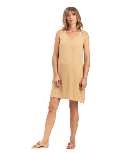 Robe droite "Beige Dulce", col V, sans manches, poches, viscose, SMLXL