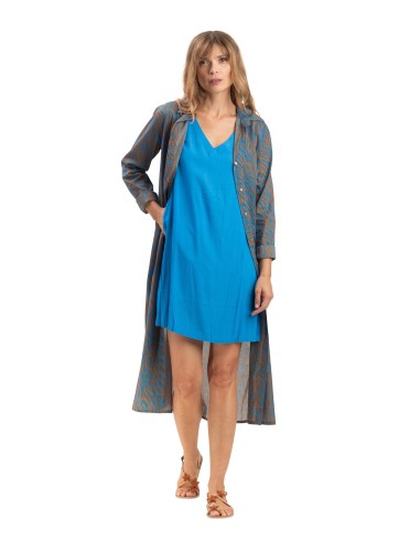 Robe droite "Bleu Pacifique", col V, sans manches, poches, viscose, SMLXL