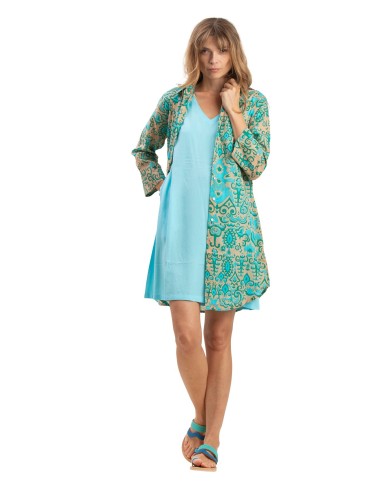 Robe droite "Bleu Caraibes", col V, sans manches, poches, viscose, SMLXL