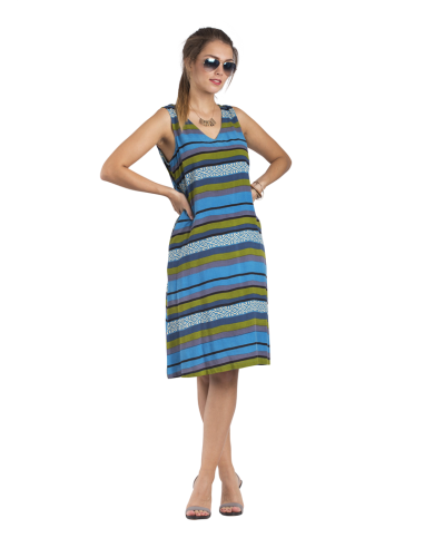 Robe droite mi longue"Rayures turquoise",  col V, ss manches, 2 poches, viscose