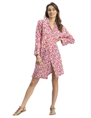 Robe/chemise "Papillons rose", boutonnée, 2 poches poitrine, coton (S,M,L,XL)