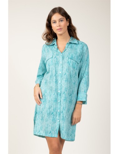 Robe/chemise "Rayures Aqua"boutonnée,2 poches poitrine,coton (SMLXL)